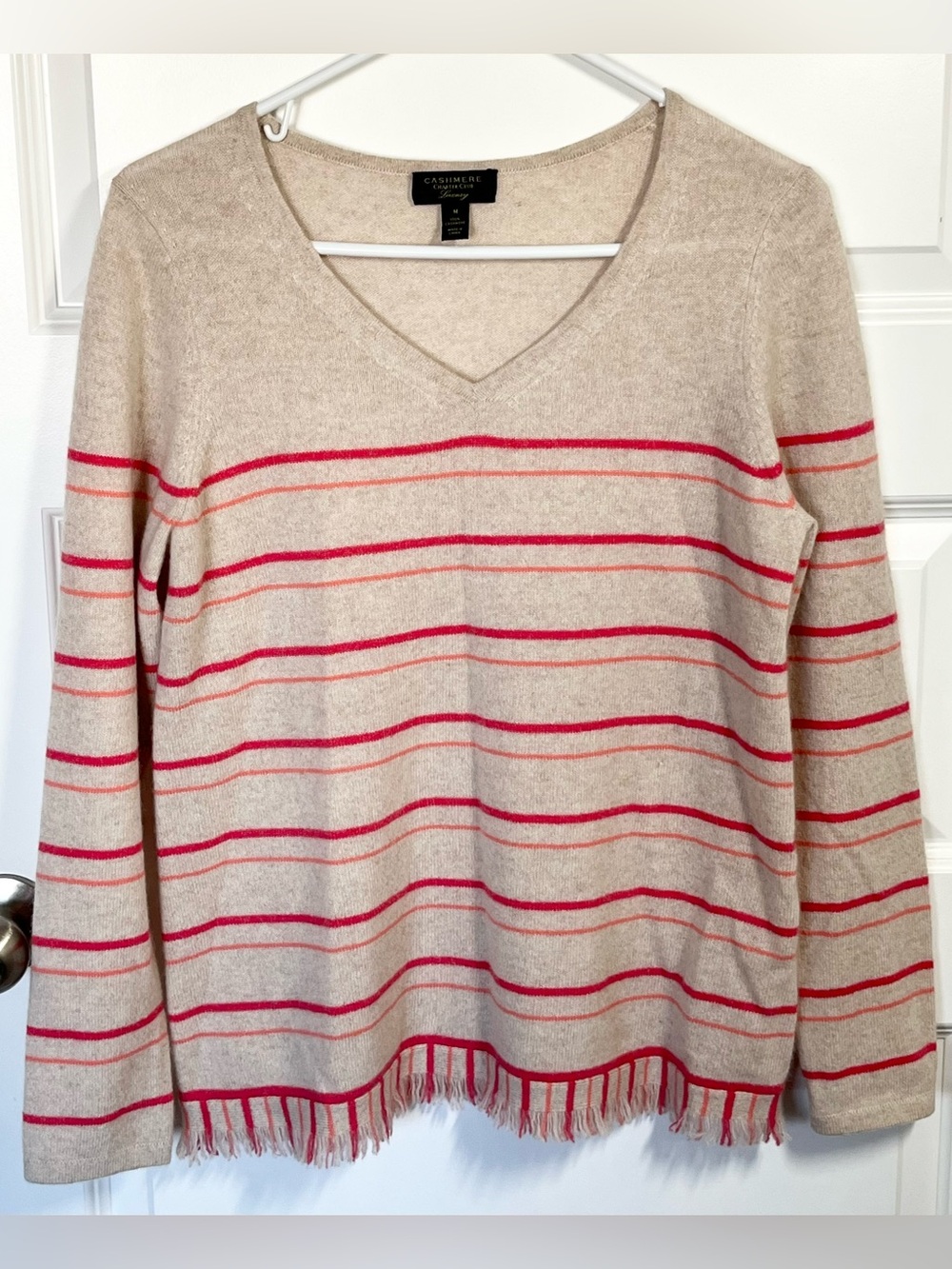 Charter Club 100% Cashmere Striped V Neck Fringe Sweater M
